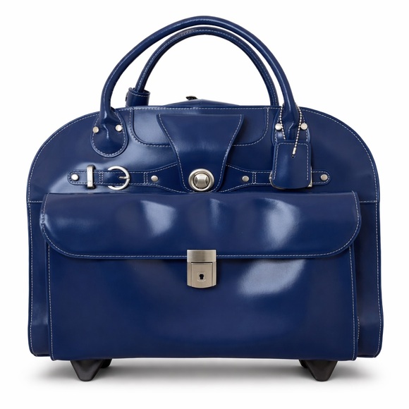 Mcklein Handbags - McKlein Edgebrook Navy Leather Rolling Briefcase Laptop Bag Lock Key